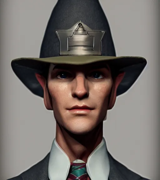 Image similar to an elf in a suit, gatsby hat, detailed portrait, detailed face, perfect lighting hd, 4 k, realistic, photorealistic, octane render