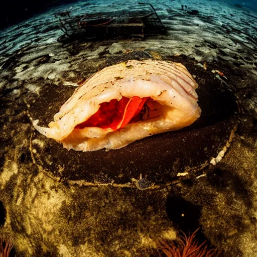 Image similar to an underwater photo of a battered fillet of cod lying on the seafloor