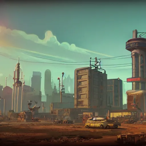 Prompt: Steampunk buildings with the sun shining through the clouds in wasteland by Simon Stålenhag and Grant Wood,In style of Retro Futurism Art.hyper detailed,8K Resolution,unreal engine 5,epic lighting,Ray Tracing,highly realistic