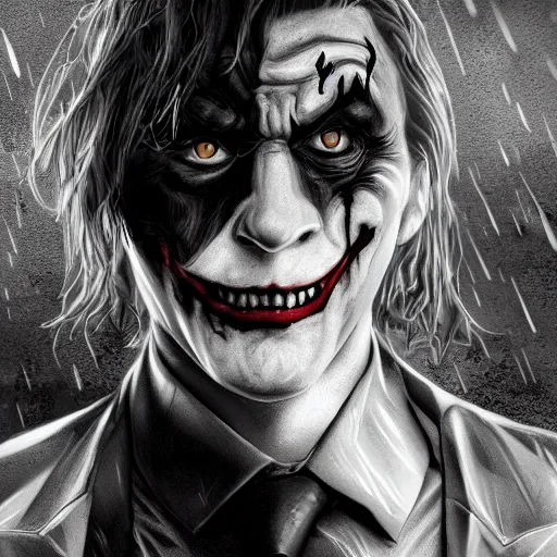 Image similar to black in white joker from the batman, rain, sad, stray puppy dog also sad, dark, buildings, reflection, low angle, realistic, intricate, detailed, digital art, 4 k, 8 k, wallpaper, artstation trending