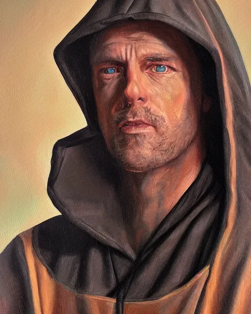 Image similar to oil painting portrait of a man in dark robes, hooded, made by greg rukowtski, fantasy, moodly