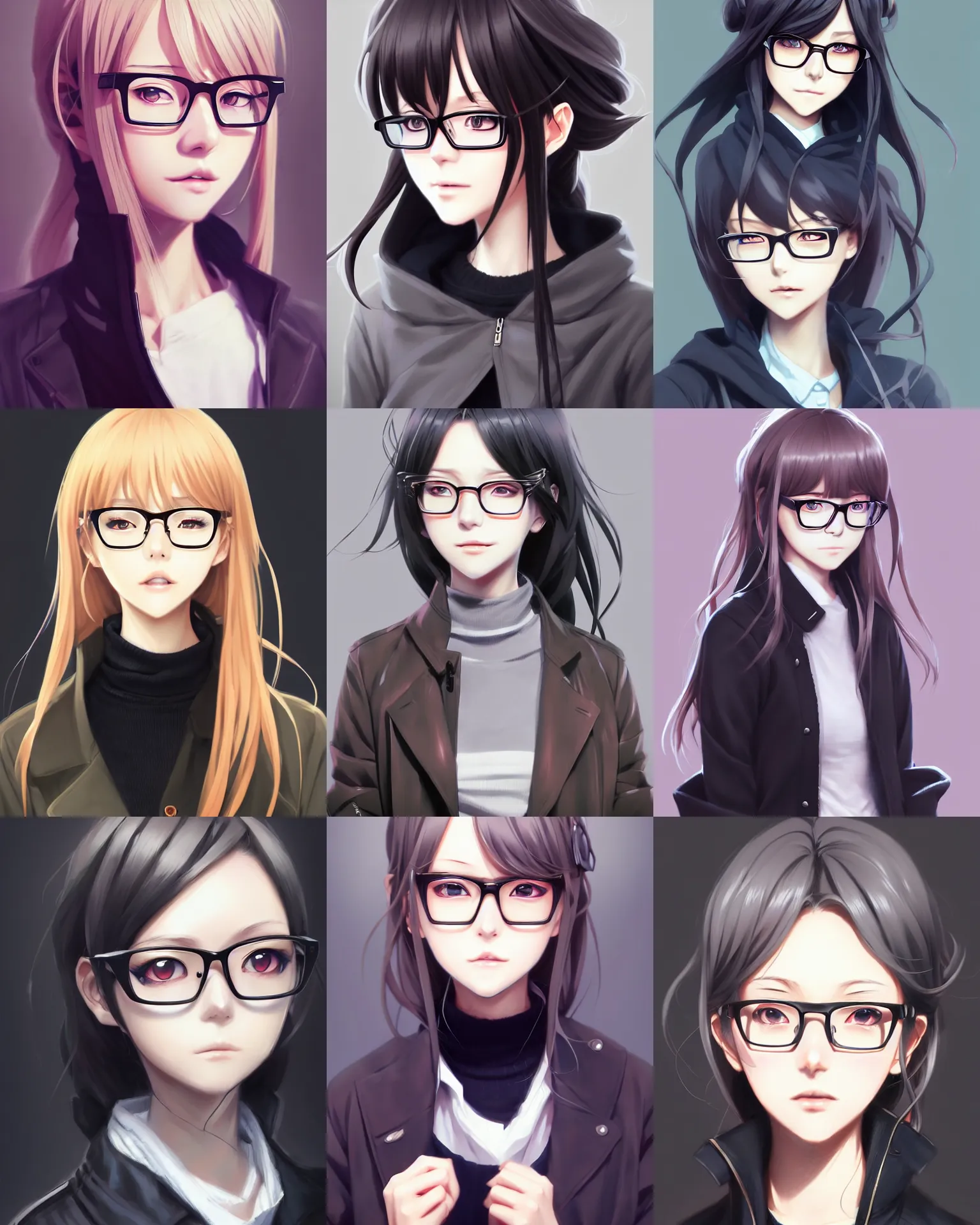 Prompt: character concept art of an anime girl, wearing black sweater and trenchcoat, glasses, cute - fine - face, pretty face, realistic shaded perfect face, fine details by stanley artgerm lau, wlop, rossdraws, james jean, marc simonetti, trending on artstation, and sakimichan