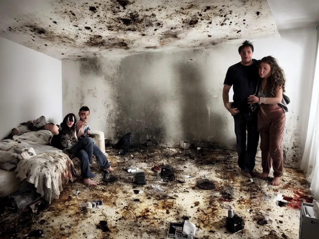 Image similar to a photograph of a man and a woman in a disgustingly filthy apartment, they are mouldy and obviously intoxicated. they have merged with the walls and ceiling, levitating above a cloud of nebulous dogs