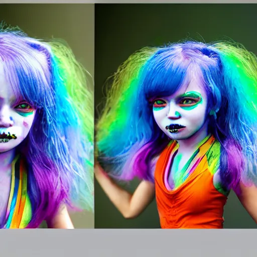 Prompt: a 3 d image of a mythological fierce young girl with rainbow hair looking at the camera, she has a cute face painting by mark ryden, japonisme 3 d 8 k ultra detailed