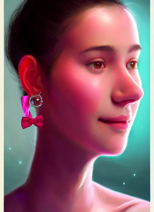 Image similar to portrait of teenage girl, narrow face, black hair, bangs, half updo hairstyle, skinny, smile, unattractive, defined jawline, big chin, wearing pink hair bow, earrings, intricate, elegant, glowing lights, highly detailed, digital painting, artstation, sharp focus, illustration, art by wlop, mars ravelo and greg rutkowski