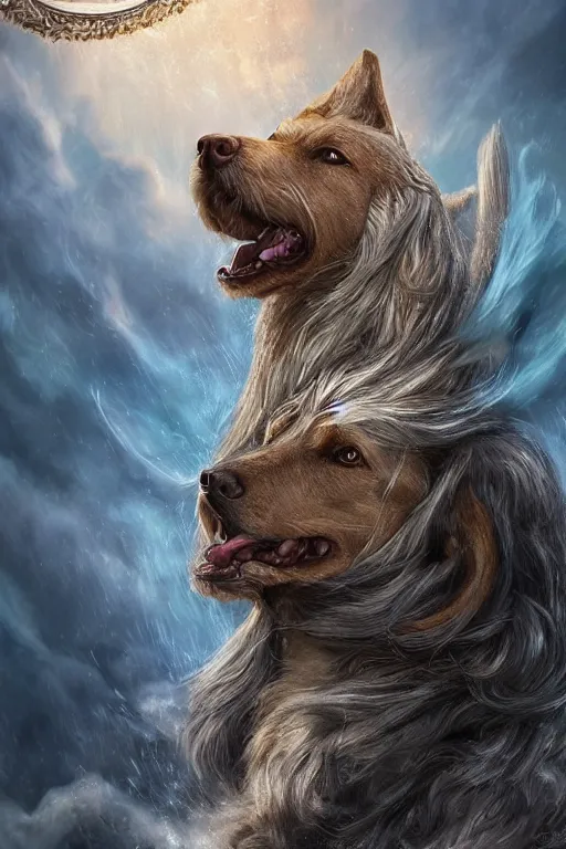 Prompt: Dog as a god with a radiant halo, detailed face, gorgeous, amazing, flowing hair, very muscular male body, partial anatomy, stormy background, caesar victorious, proud Emperor, crepuscular ray, intricate, highly detailed, 8K, digital painting, fantasy, artstation, concept art, sharp focus, over-shoulder shot, illustration, art by greg rutkowski beeple and alphonse mucha, laica chrose