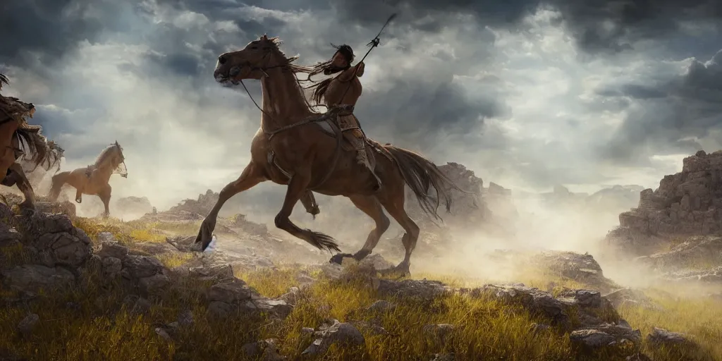 Image similar to an establishing action shot of the ( battle of little bighorn ), majestic horses, action scene, an epic fantasy, dramatic lighting, cinematic, extremely high detail, photorealistic, cinematic lighting, maxwell boas jessica rossier christian dimitrov anton fadeev trending on artstation cgsociety rendered in unreal engine 4 k hq