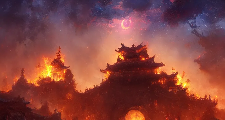 Image similar to craig mullins and ghibli digital art of a bigunreal hell door with fire in the sky in china ， black night sky, stars, below is the crowd, rivers, villages ， unreal engine, hyper realism, realistic shading, cinematic composition, realistic render, octane render, detailed textures, photorealistic, wide shot