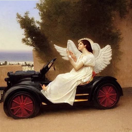 Image similar to an oil painting of an angel driving a car in a restaurant drive through, exterior view, by Bouguereau, highly realistic and intricate