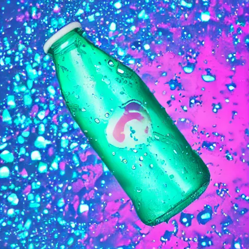 Image similar to photo of a soda. The label is blue with pink sparkles, green bubbles are floating out of the top. Condensation drips down the side. High contrast, bright colors, gritty detail