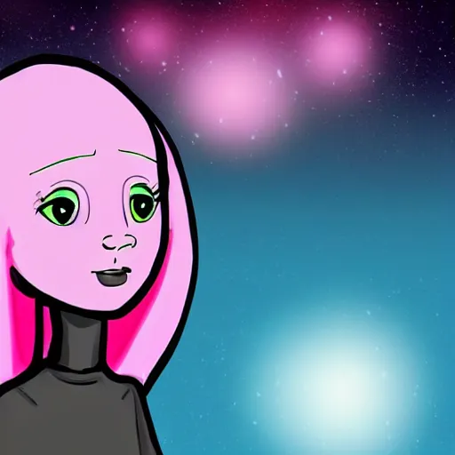 Prompt: beautiful pink little alien girl, profile pic, cartoon