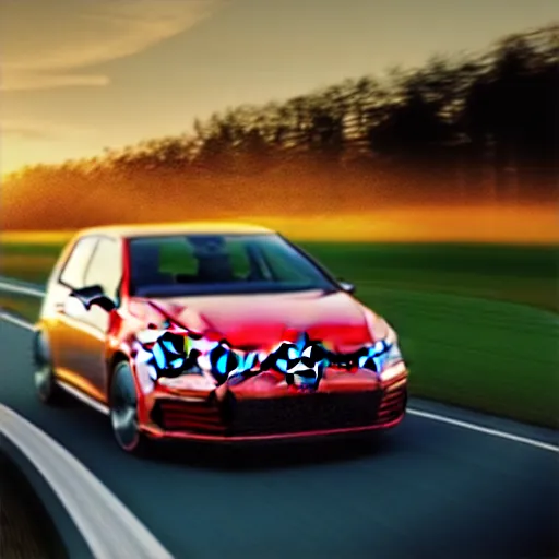 Image similar to a car driving VW Golf GTI at speed on autobahn, sunset, cinematic color, photorealistic, highly detailed, bokeh