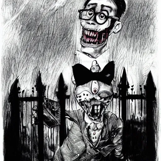 Prompt: Steve Urkel wearing a bowtie and suspenders scared in a graveyard chased by a demon, creepy, spooky, horror, ink, highly detailed illustration, Stephen Gammell
