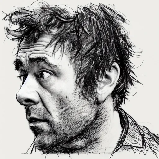 Image similar to a realistic yet scraggly portrait sketch of the side profile of a stern and sophisticated damon albarn, trending on artstation, intricate details, in the style of frank auerbach, in the style of sergio aragones, in the style of martin ansin, in the style of david aja, in the style of mattias adolfsson