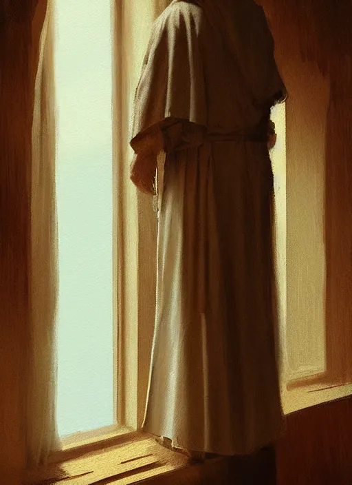 Prompt: oil painting of a franciscan monk in robes, looking out a window contemplatively, digital art, artstation, cinematic, golden hour, digital art painting by greg rutkowski