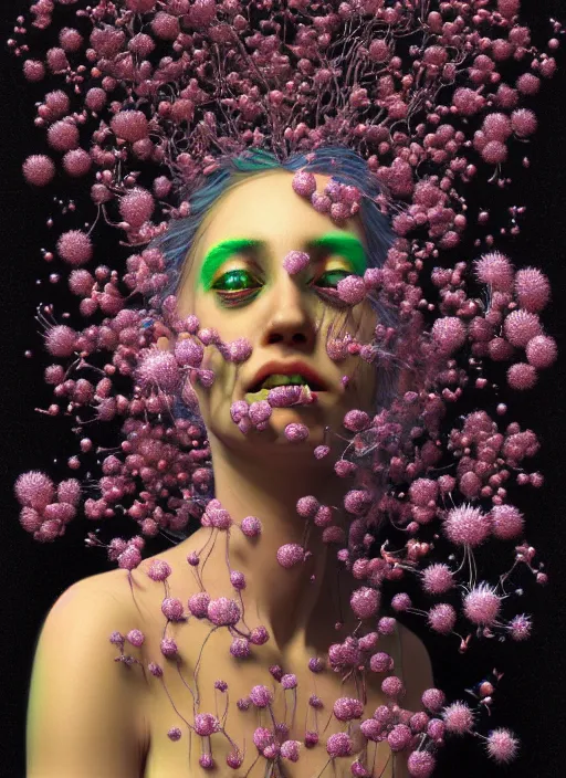 Image similar to hyper detailed 3d render like a Oil painting - Aurora (Singer) Eats of the Strangling Fruit and Her Hands full of gossamer polyp blossoms bring iridescent fungal flowers whose spores black the foolish stars by Jacek Yerka, Mariusz Lewandowski, Houdini algorithmic generative render, Abstract brush strokes, Masterpiece, Edward Hopper and James Gilleard, Zdzislaw Beksinski, Mark Ryden, Wolfgang Lettl, hints of Yayoi Kasuma, octane render, 8k