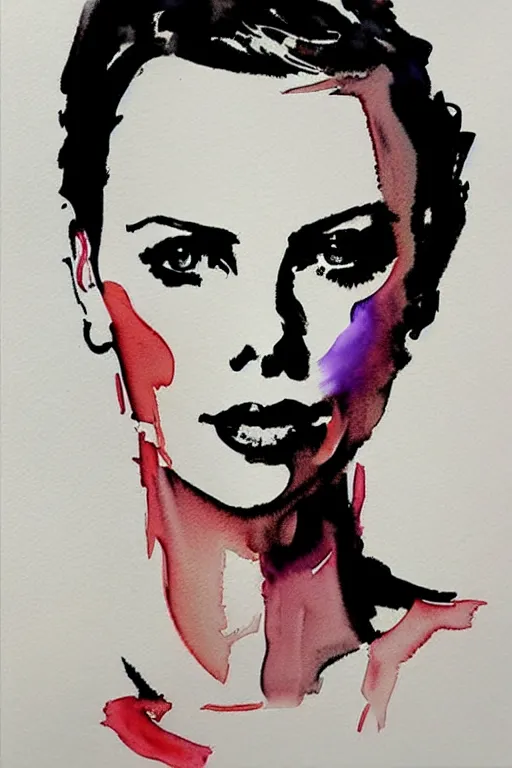 Image similar to charlize theron, watercolor portrait by David downton