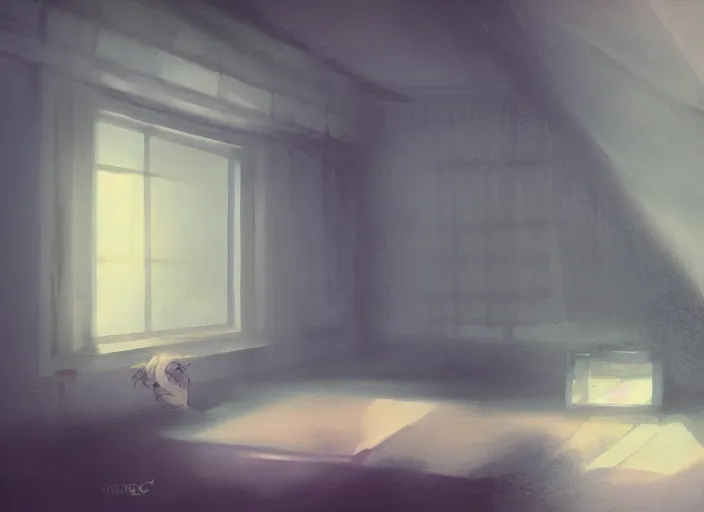 Image similar to placid pastel morning cute cluttered painterly fluffy tiny cramped dusty attic, slanted ceiling, tiny space, particulate, trending on pixiv