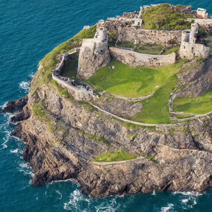 Image similar to aerial view of a fortress from above on a hill by the ocean shaped exactly like the punisher symbol detailed