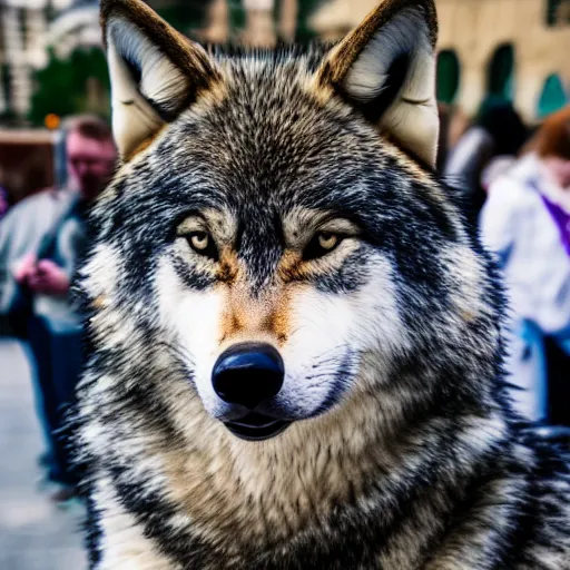 Image similar to portrait of a wolf fursuiter at a furry convention, outdoors in the city, realisitc photo