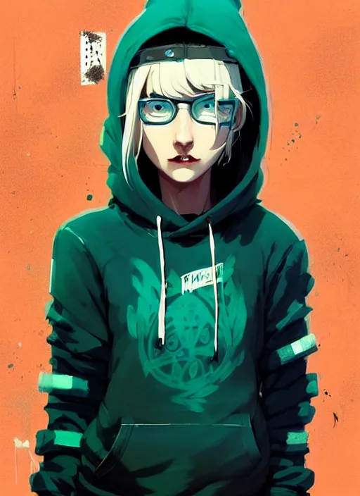 Image similar to highly detailed portrait of a urban punk lady student, blue eyes, hoodie, white hair by atey ghailan, by greg rutkowski, by greg tocchini, by james gilleard, by joe fenton, by kaethe butcher, gradient green, black, brown and teal color scheme, grunge aesthetic!!! ( ( graffiti tag wall background ) )