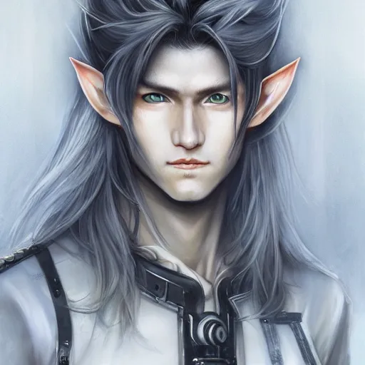 Image similar to portrait of an elf by ayami kojima, he is about 2 0 years old, androgenic, long white hair, slender and tall, smirk, he is wearing a modern tactical gear, scifi, highly detailed portrait, digital painting, artstation, concept art, smooth, sharp foccus ilustration, artstation hq