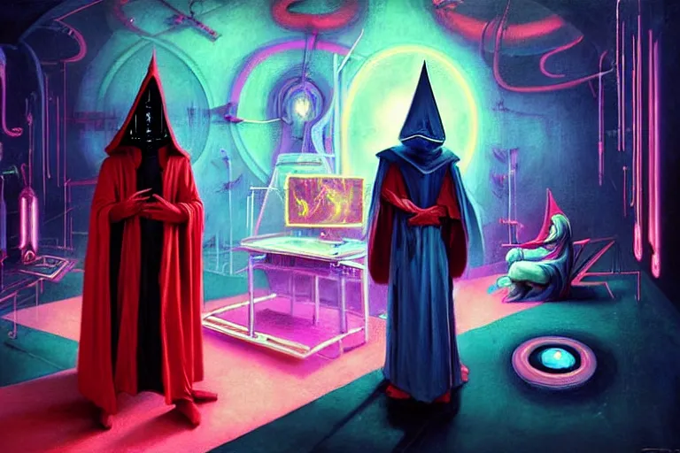 Image similar to a beautiful masterpiece painting of a technomancer wizard in robes with pointed hood discussing sentience with his synthesized AI djinn in his laboratory near a computer by Remedios Varo and Anato Finnstark and Greg Rutkowski, dayglo pink, dayglo blue, dazzle camouflage