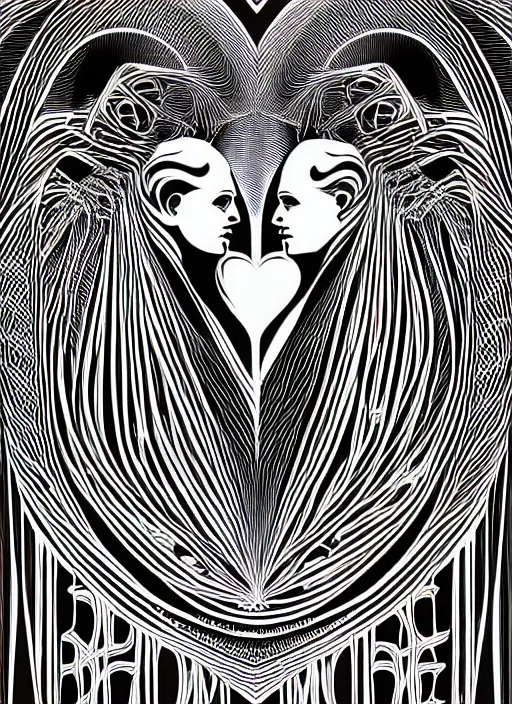 Image similar to vector art by hr giger, perfectly centered symmetrical balanced male and female portrait of man and woman in love sharing one heart. high coherence ; fractal geometrical 8 k ultra hd