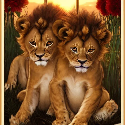 Prompt: two adorable lion cubs cuddling with each other, golden hour, elegant, close up, art by artgerm and greg rutkowski and alphonse mucha, 8k UHD