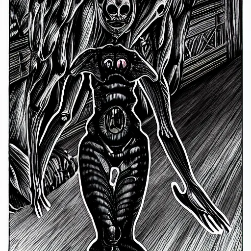 Image similar to a dark humanoid, hyper detailed, in the style of h. r. giger and junji ito and h. r. giger and junji ito, selfie