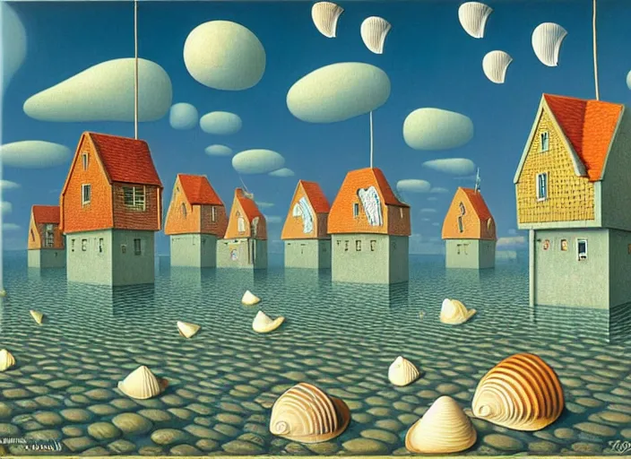 Prompt: a city with fish citizens inside!! the seashell, small scandinavian houses, little people, by jacek yerka by magritte, surrealistic painting, masterpiece, oil painting, sharp focus, highly detailed, intricate, smooth, 8 k,