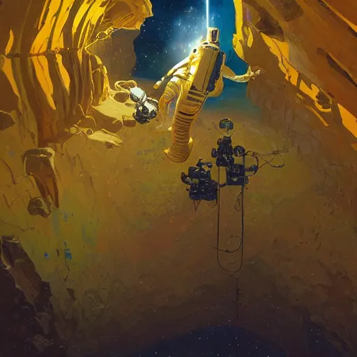 Image similar to golden astronaut in cave, digital painting by dean cornwall, rhads, john berkey, tom whalen, alex grey, alphonse mucha, donoto giancola,