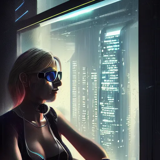 Image similar to portrait of cyberpunk woman looking out of a window, cyberpunk setting, futuristic, highly detailed, intricate lighting, digital painting, sharp focus, illustration, trending on artstation, by rob rey