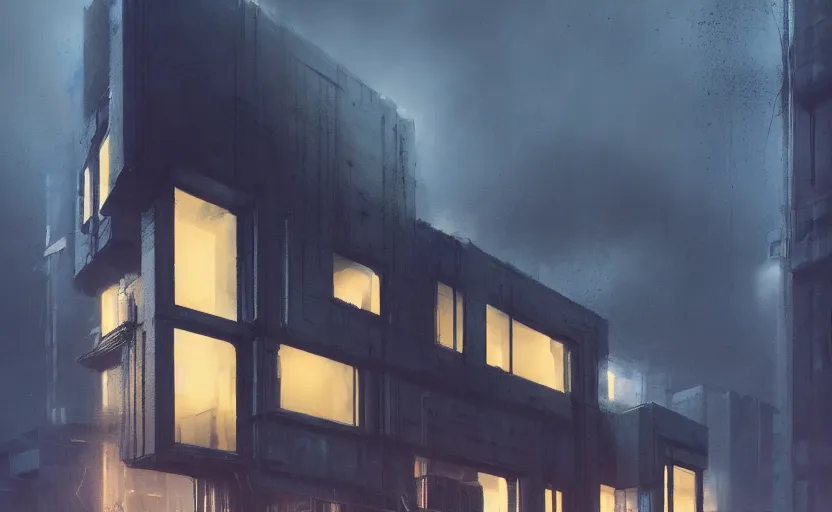 Image similar to An Exterior wide angle shot painting of a cyberpunk brutalist architecture House with warmly lit windows and neon lights by Peter zumthor and James Turrell, Greg Rutkowski and Craig Mullins , Dark atmospheric sad and cinematic lighting, Trending on artstation, Archviz, Archdaily, Deezen, Design milk, Architectural visualisation