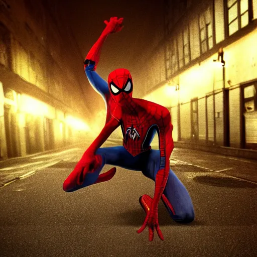 Prompt: long shot photo of spiderman in silent hill streets, highly detailed, 8 k