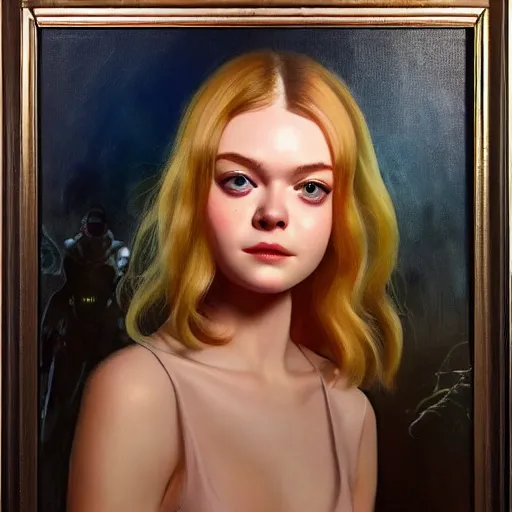 Prompt: ultra realistic medium shot portrait painting of elle fanning in metroid, art by frank frazetta, 4 k, ultra realistic, highly detailed, epic lighting