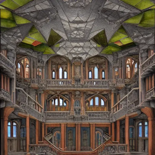 Prompt: main hall of a castle with dark wood trim and stained glass windows, impossible architecture, with a grand staircase that leads to many balconies, subtle lovecraftian vibes, looking upwards, hyper detailed ethereal, oil painting, colored, mc escher