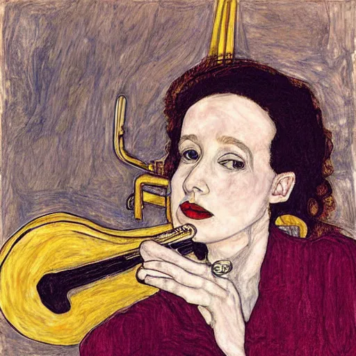 Prompt: Julie Delpy in a free jazz band, portrait, by Egon Schiele