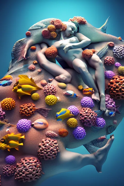 Image similar to a sculpture of fish ocean intertwined, diode lighting, a lovely cornucopia of flowers and human body parts, body parts, highly detailed, octane render, cinematic, sharp focus, clean, studio lighting