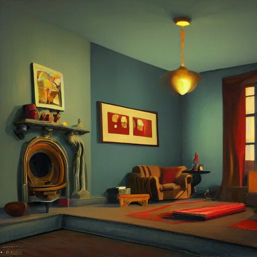 Image similar to hyper detailed 3d render like a Oil painting - the lonely living room, bored batman, light and shadow, by Jacek Yerka, Mariusz Lewandowski, Houdini algorithmic generative render, Abstract brush strokes, Masterpiece, Edward Hopper and James Gilleard, Zdzislaw Beksinski, Mark Ryden, Wolfgang Lettl, hints of Yayoi Kasuma, octane render, 8k