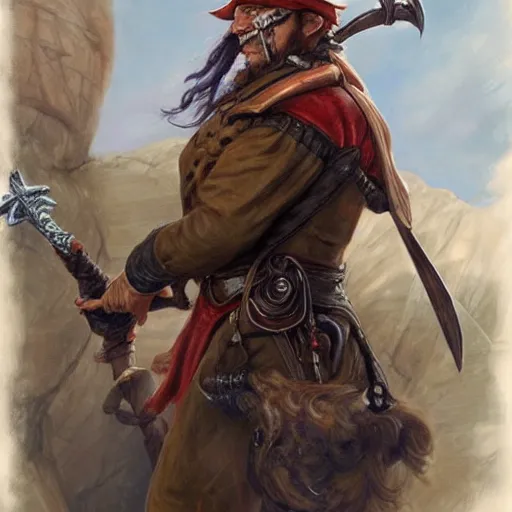 Prompt: Pirate captain wielding a sandstone rapier and sandstone dagger. Wearing a hat with an impressive feather and with a brutal scar across his neck, fantasy D&D character, portrait art by Donato Giancola and Bayard Wu, digital art, trending on artstation, 4k