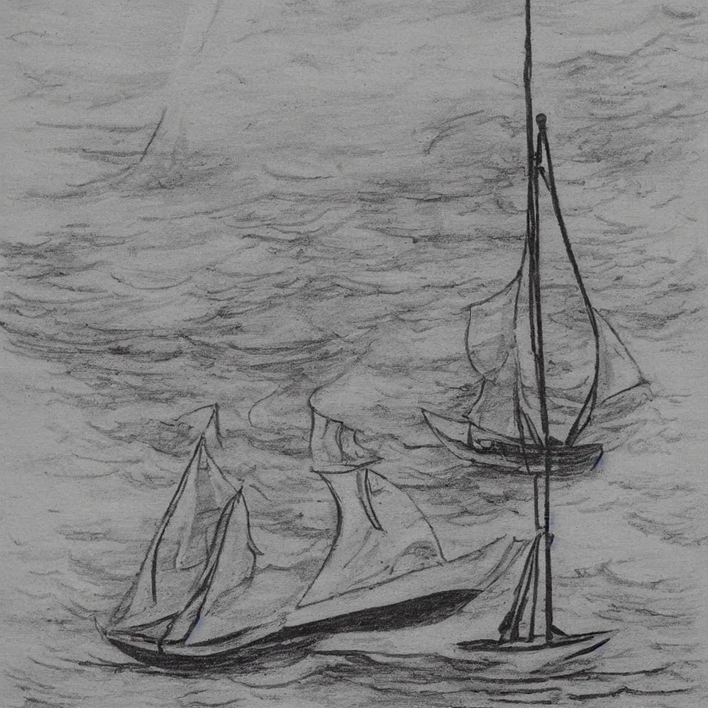 Prompt: vintage art deco drawing black and white sketch on yellowed paper. the sketch depicts a small fishing vessel with a sail from the side. the seas are stormy and the drawing is dark and moody