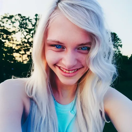 Image similar to beautiful selfie of a cute thin young woman smiling smugly, long light platinum blonde hair, flushed face, small heart - shaped face, cute freckles, light blue eyes, golden hour, 8 k, instagram