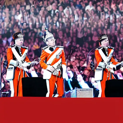 Prompt: photo realistic photo of the queen playing in the band the queen at wembly