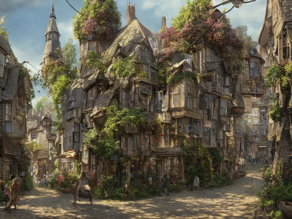 Image similar to streetview of a magical village on a slow day, inspired by victorian england and amsterdam, sunny weather, highly detailed, intricate, digital painting, trending on artstation, concept art, matte painting, art by greg rutkwowski, craig mullins, octane render, 8 k, unreal engine