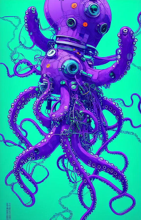 Image similar to robotic cyberpunk octopus by miyazaki, blue green purple color palette, illustration, kenneth blom, mental alchemy, james jean, pablo amaringo, naudline pierre, contemporary art, hyper detailed