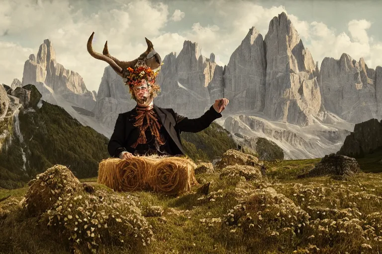 Prompt: portrait of a tyrolean folklore mask, wearing hay coat, with horns, eerie, flowers growing out of his body, dolomites in the background, detailed intricate insanely detailed octane render, 8k artistic 1920s photography, photorealistic, chiaroscuro, by David Cronenberg, Raphael, Caravaggio