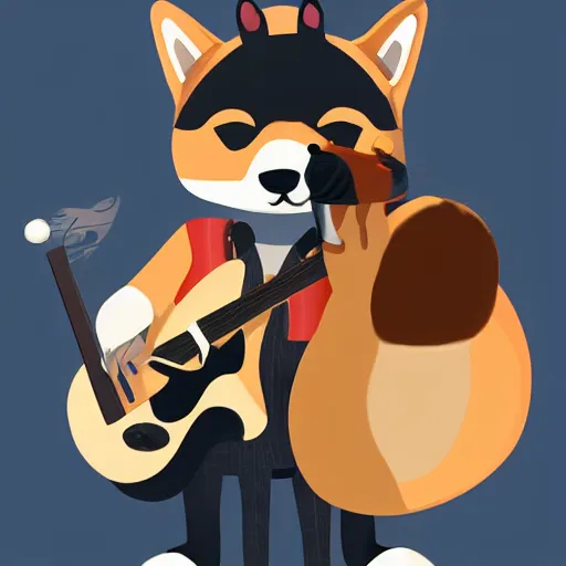 Image similar to shiba inu man, anthropomorphic, Anthro, furry, plays guitar, Artstation