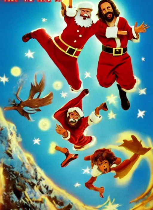 Image similar to Santa and Jesus' Totally Radical Adventure, action shot of them jumping away from an explosion towards us, cinematic shot, movie poster (1989)