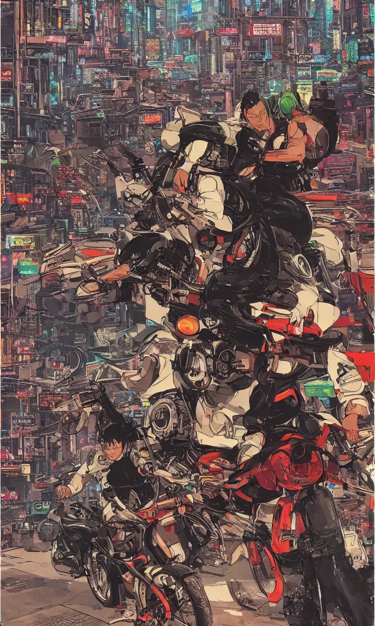 Image similar to akira by john berkley, pulp cover, very detailed action scene, cyberpunk bike race in neo tokyo